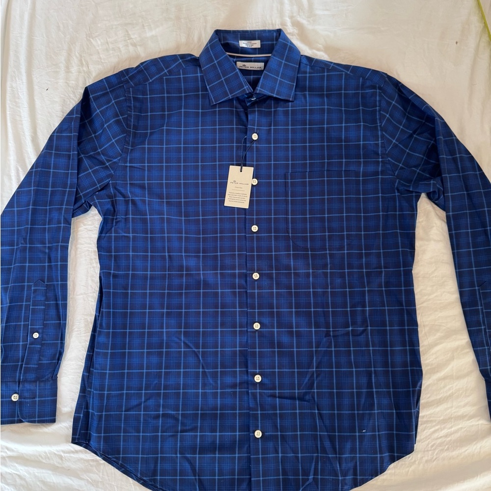 Peter Millar Blue Casual Button Down Shirt with Windowpane Pattern